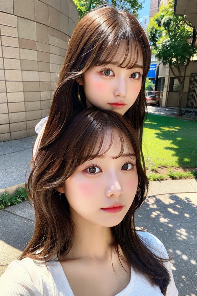 masterpiece、Flat Color、Depth of written boundary、Lens Flare 1 Girl、Brown Hair、Staring at the audience、bulging big breasts、Small face、bangs over eyeouse-colored eyes、Japanese 、parking