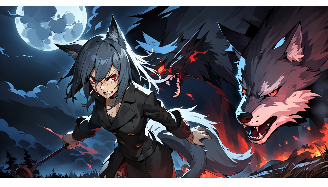 ((Wolf Girl)), ((Wolf)), Black Coat, ((Red Eyes)), ((Possessive)), ((Long Tail)), Angry, Scars, Night, Moon, HD, High Resolution, 4K