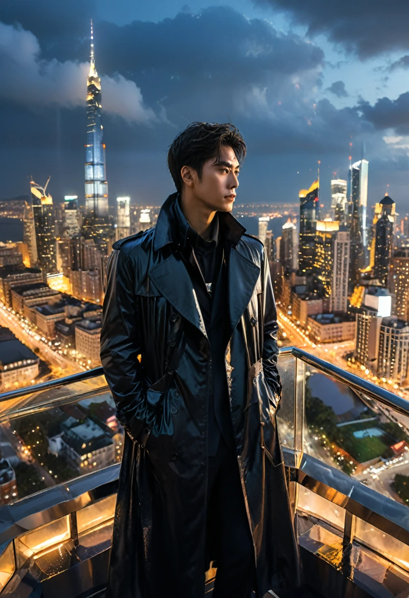 (Black Trench Coat), Night style, in the twilight light, a figure wearing a black trench coat stands on the observation deck of a skyscraper, with a silhouette of the city's skyline behind it. The bright lights reflect the figure's flowing trench coat, (Photography), panoramic view, award-winning, cinematic still, emotional, vignette, dynamic, vivid, (masterpiece, best quality, Professional, perfect composition, very aesthetic, absurdres, ultra-detailed, intricate details:1.3)