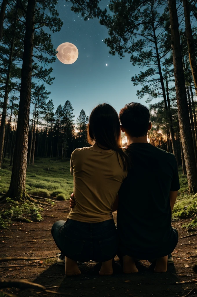 Forest night a couple sitting their back on camera staring at the big full moon
