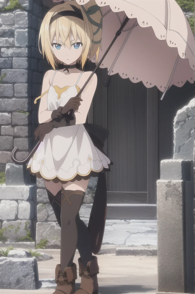 ((masterpiece)),((Highest quality)),Very detailed,Raising awareness,Explicit,beautiful body,beautiful Nose,beautiful character design,Perfect Eyes,Perfect Face,wallpaper,Ultra-high resolution,4K,photograph,(beautiful,Small breasts:1.2),(beautiful顔:1.2),beautiful足,Perfect Legs,Shiny skin,Official Style,Browsing Caution,Official Art,Create a screen capture,Anime Coloring,
One Girl,alone,umbrella,blonde,short hair,choker,Side Ponytail,ribbon,blue eyes,black choker,gloves,leg ribbon,片手gloves,hair band,whole body,hair ribbon,dress,View your audience,tress ribbon,boots,Are standing,white dress,skirt,clavicle,Beach,Outdoor,Day,
