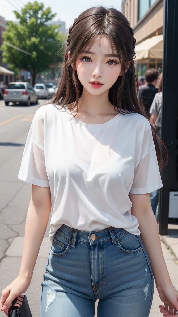 A classic white tee and distressed jeans look.、A single woman who exudes confidence and effortless style(1 Female)A masterpiece that captures the essence of(quality:1.2)。Her minimalist makeup style highlights her natural beauty..、Her messy hairstyle lends a casual charm。The scene was、Located in the vibrant surroundings of music festivals and the trendy downtown district。photograph、In its highest quality resolution、beautiful, Modern and easygoing encapsulation