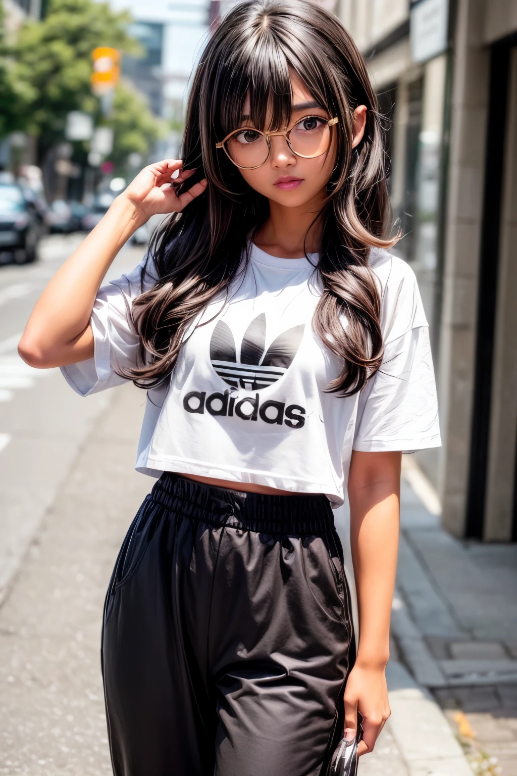 girl, glasses, brown skin, long hair, hair with some curlers, black hair, brown eyes, white t-shirt, pants adidas, hair with bangs