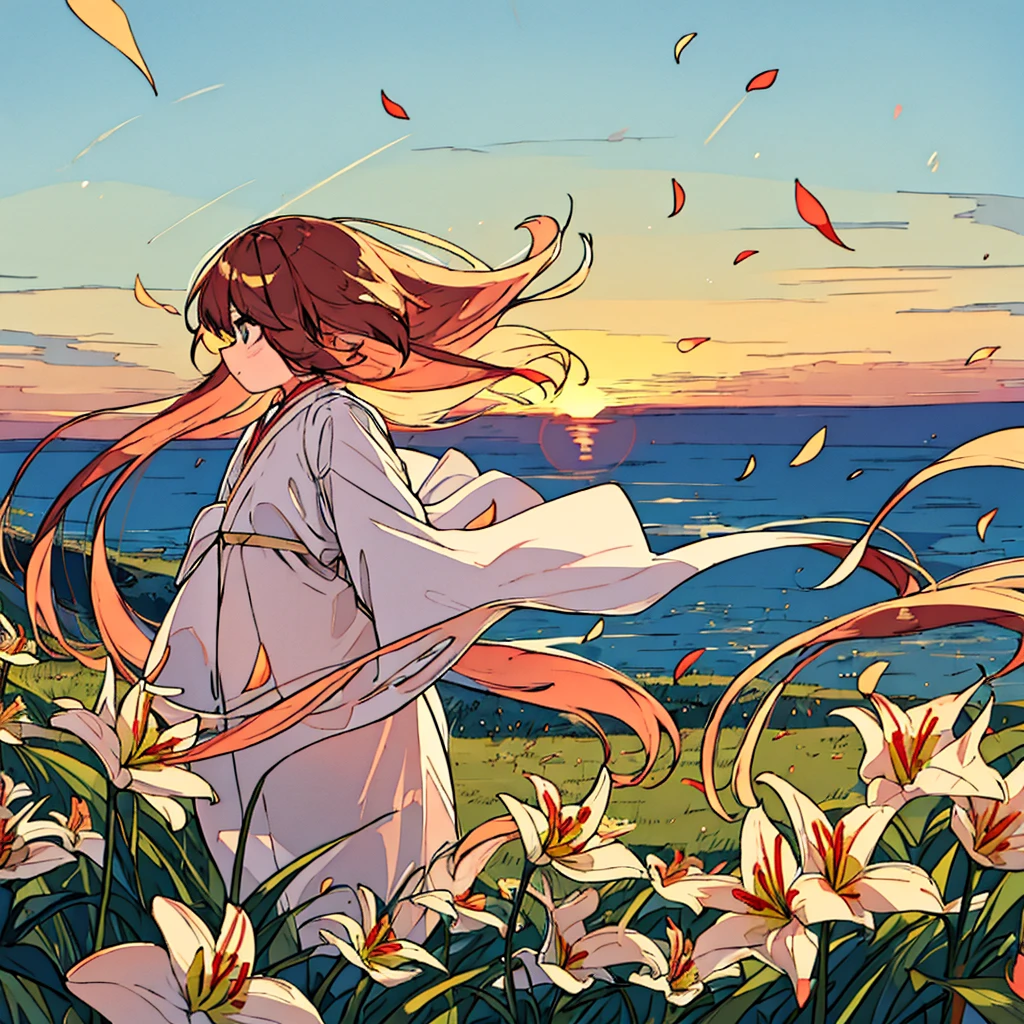 Plain sunset colored background A girl with bronze hair and white clothes Lilies Simple Chic Summer Plains Petals fluttering Wind blowing