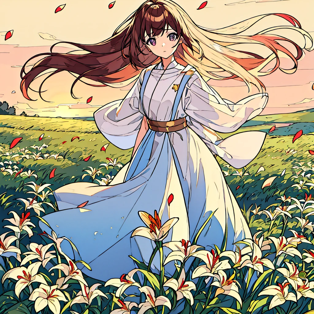 Plain sunset colored background A girl with bronze hair and white clothes Lilies Simple Chic Summer Plains Petals fluttering Wind blowing