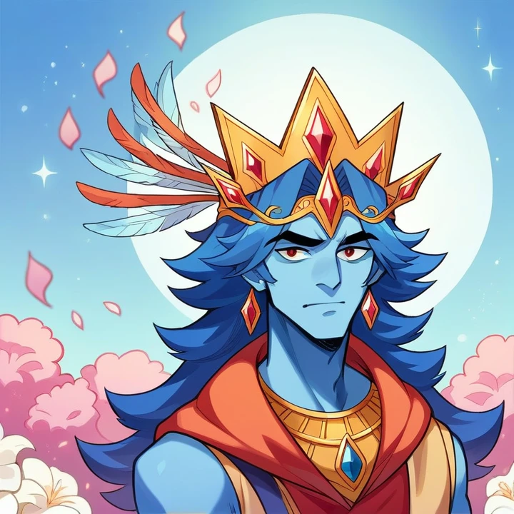 In a kingdom that floats among the clouds, two celestial beings, a prince with blue skin and a peacock feather in his crown, and a princess adorned with flowers and jewels, share a tender moment. Write a story about their divine friendship and the magical adventures they embark on to protect their heavenly realm from an impending darkness. Explore the mythical powers they possess, the challenges they face, and the bond that unites them in their quest.

