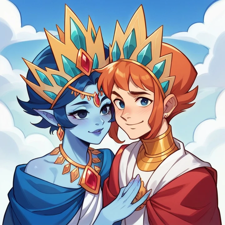 In a kingdom that floats among the clouds, two celestial beings, a prince with blue skin and a peacock feather in his crown, and a princess adorned with flowers and jewels, share a tender moment. Write a story about their divine friendship and the magical adventures they embark on to protect their heavenly realm from an impending darkness. Explore the mythical powers they possess, the challenges they face, and the bond that unites them in their quest.