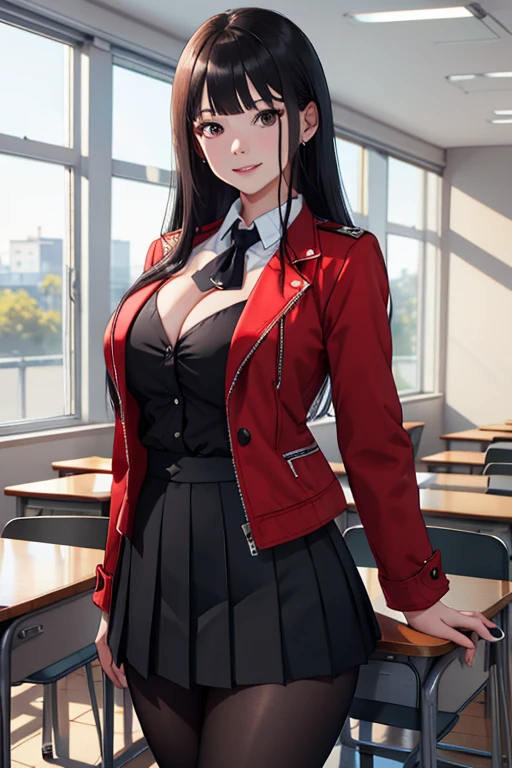 (8k, RAW Photos, of the highest quality, Masterpiece: 1.2),emyu,long black hair,blunt bangs, A natural smile with all the teeth visible.,uniform,Red jacket,black pantyhose,White shirt,black tie,pleated skirt,long sleeve,bright Eyes, (big breasts:1.2),cowboy shot,evening,in the classroom
