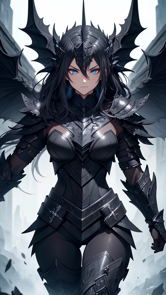 Stunning warrior wearing black armor forged from the scales and bones of Ancalagon, The Black Dragon. The armor is composed of dark metallic plates with a slight bluish glow., engraved with ancient runes. The breastplate fitted to Elara's body is reinforced and decorated with thorns and details that resemble the dragon's scales.. The espaliers imitate the dragon's wings, with sharp edges. The arms are protected by bracers carved in scale patterns, and the legs are covered in greaves and shin guards that offer flexibility and resistance. Elara wears a partial helmet, leaving your face partially exposed. Her bright, expressive green eyes contrast with her black hair., which falls in gentle waves and is partially pinned back. The helmet is adorned with short horns that curve backwards., similar to those of Ancalagon. She holds the Arch of Stars, That shines with an ethereal light, and a legendary dagger, the Blade of Shadow, is attached to your waist. The surrounding scenery is a battlefield, with the colossal body of Ancalagon in the background. NSFW