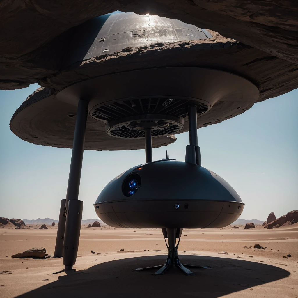 (Best Quality) Futuristic alien ship landing on a desert planet with dark color palette