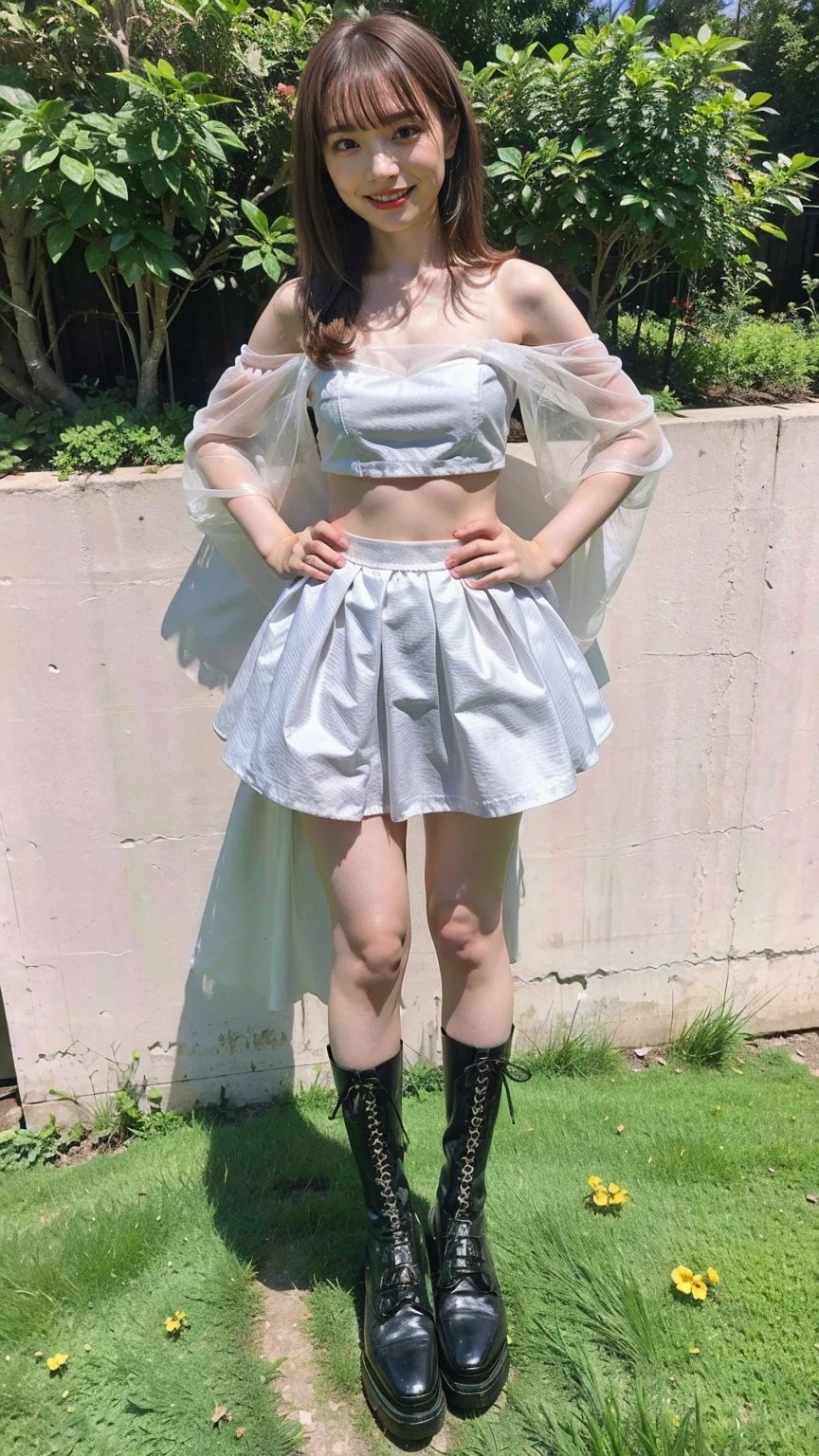 (8K、RAW Photos、Highest quality、masterpiece:1.2)、(Highest quality、Realistic)、1 Girl、((Tube top、mini skirt、Idol Costume、ribbon、Medium Hair、See-through、smile、silver、lame、Thin legs、whole body、boots、garden、View from the front、Looking into the camera、Stand with hands on hips))、cute