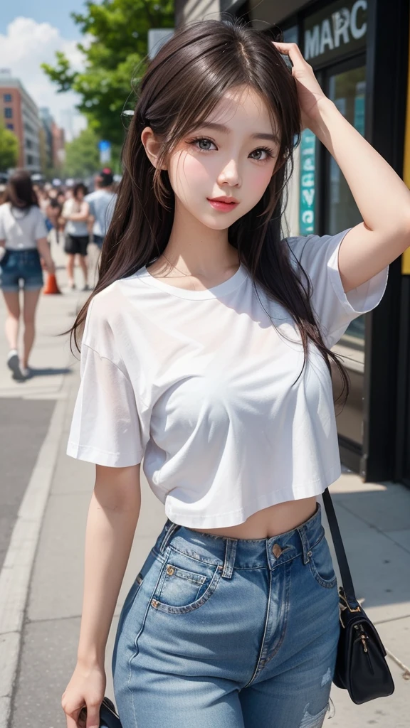 A classic white tee and distressed jeans look.、A single woman who exudes confidence and effortless style(1 Female)A masterpiece that captures the essence of(quality:1.2)。Her minimalist makeup style highlights her natural beauty..、Her messy hairstyle lends a casual charm。The scene was、Located in the vibrant surroundings of music festivals and the trendy downtown district。photograph、In its highest quality resolution、beautiful, Modern and easygoing encapsulation