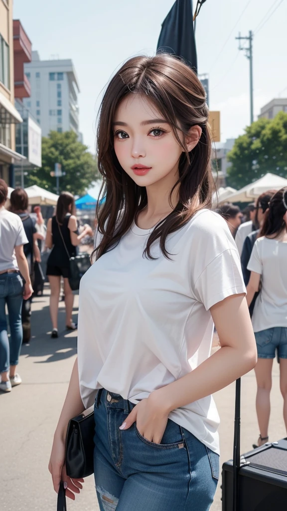 A classic white tee and distressed jeans look.、A single woman who exudes confidence and effortless style(1 Female)A masterpiece that captures the essence of(quality:1.2)。Her minimalist makeup style highlights her natural beauty..、Her messy hairstyle lends a casual charm。The scene was、Located in the vibrant surroundings of music festivals and the trendy downtown district。photograph、In its highest quality resolution、beautiful, Modern and easygoing encapsulation