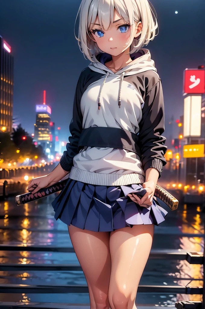 (masterpiece), (best quality), (ultra detailed), (high res 8K), 1 girl, late teenage, standing, contrappost, full body, low angle, hoody, mini-skirt,((katana)), short hair, silver hair, serious, looking away, cityscape in Tokyo, night, rim lighting, high contrast, professional lighting, stunning face, symmetrical clear eyes, detailed eyes and face,(near future)