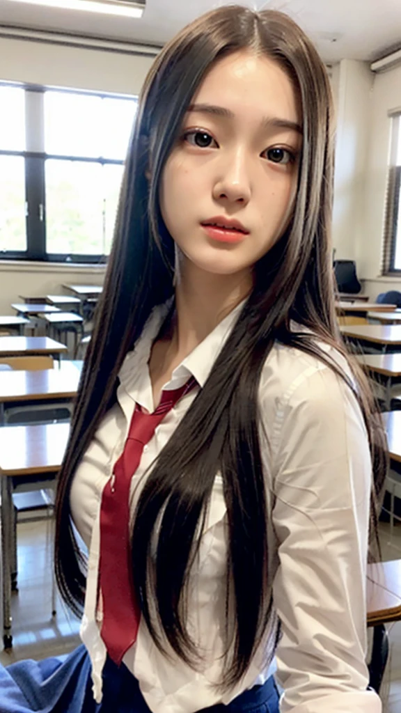 (photo realistic:1.4), (hyper realistic:1.4), (realistic:1.3), (smoother lighting:1.05), (increase cinematic lighting quality:0.9), 32K, 1girl,17 years old woman,high school student,japanese high ,realistic lighting,ultra cute face, beautiful face,slender ,detailed eyes,detailed face,japanese high school classroom,white shirt,large breast,button gap