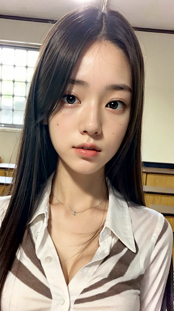 (photo realistic:1.4), (hyper realistic:1.4), (realistic:1.3), (smoother lighting:1.05), (increase cinematic lighting quality:0.9), 32K, 1girl,17 years old woman,high school student,japanese high ,realistic lighting,ultra cute face, beautiful face,slender ,detailed eyes,detailed face,japanese high school classroom,white shirt,large breast,button gap