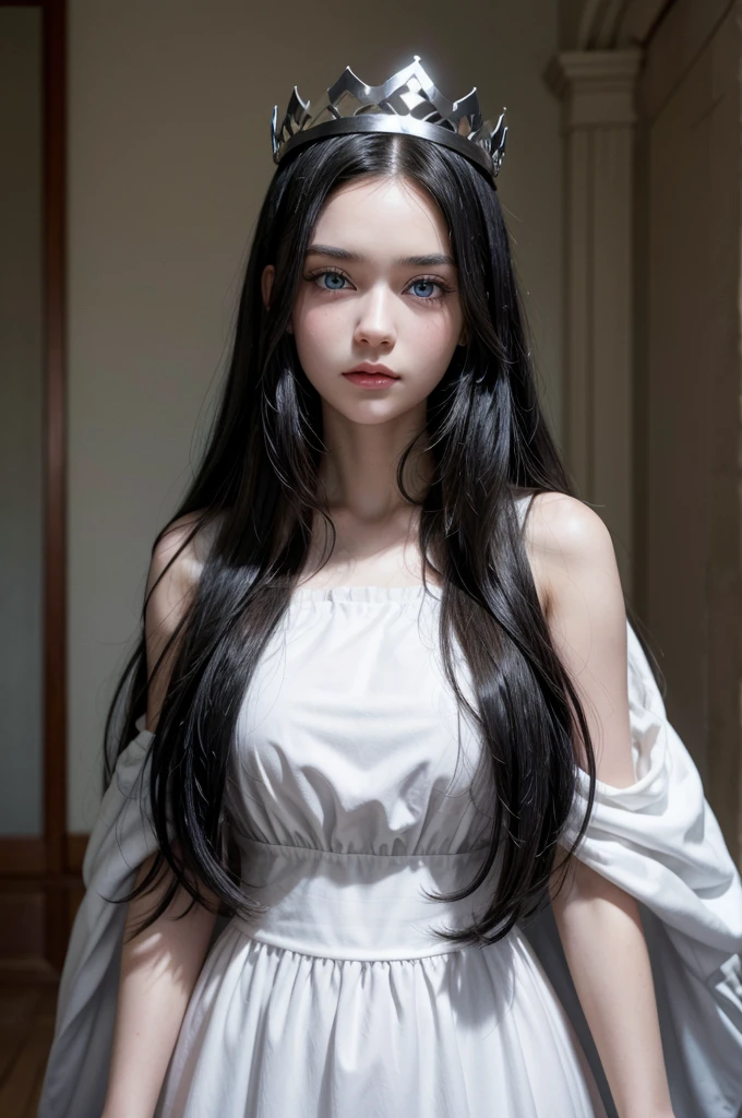 princess, young woman with long black hair, wearing a long white dress, with blue eyes, wearing a crown on her head