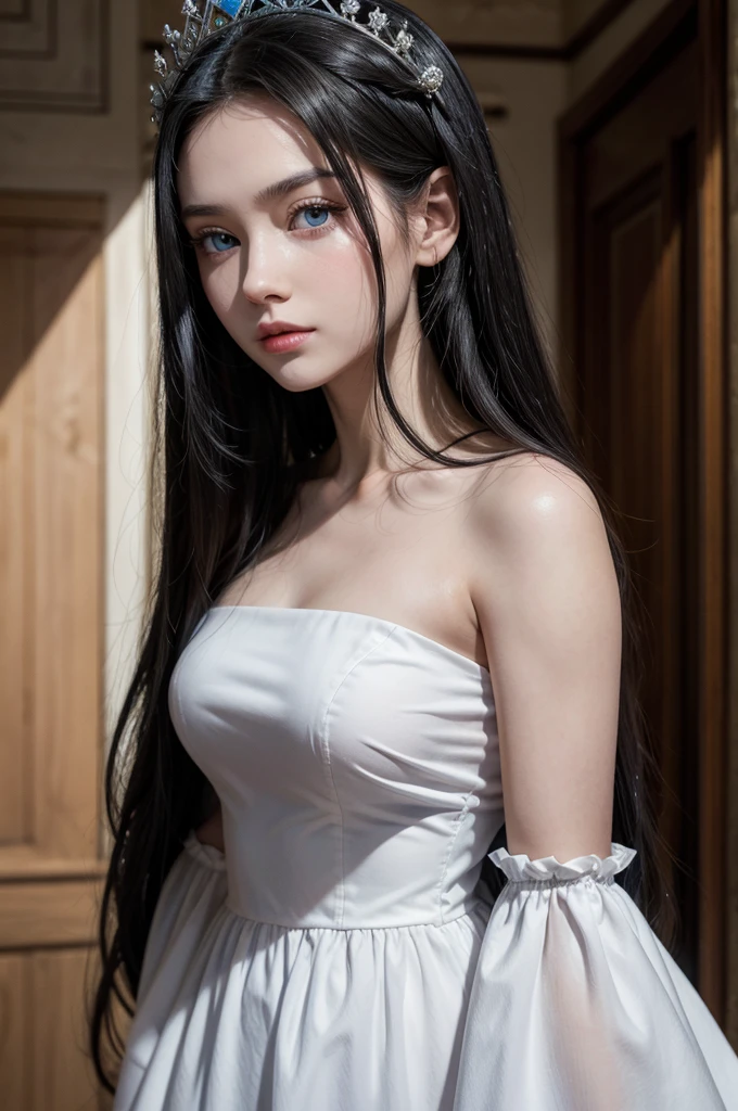 princess, young woman with long black hair, wearing a long white dress, with blue eyes, wearing a crown on her head