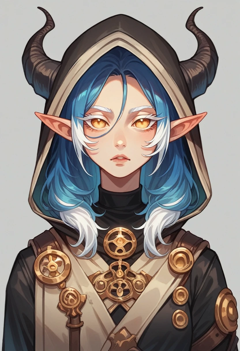 tiefling race woman, beige skin, completely golden eyes and white eyelashes, sharp syrup, straight blue hair with white highlights, with black rogue clothes, long sleeves and a hood on the head, finally some gold accessories