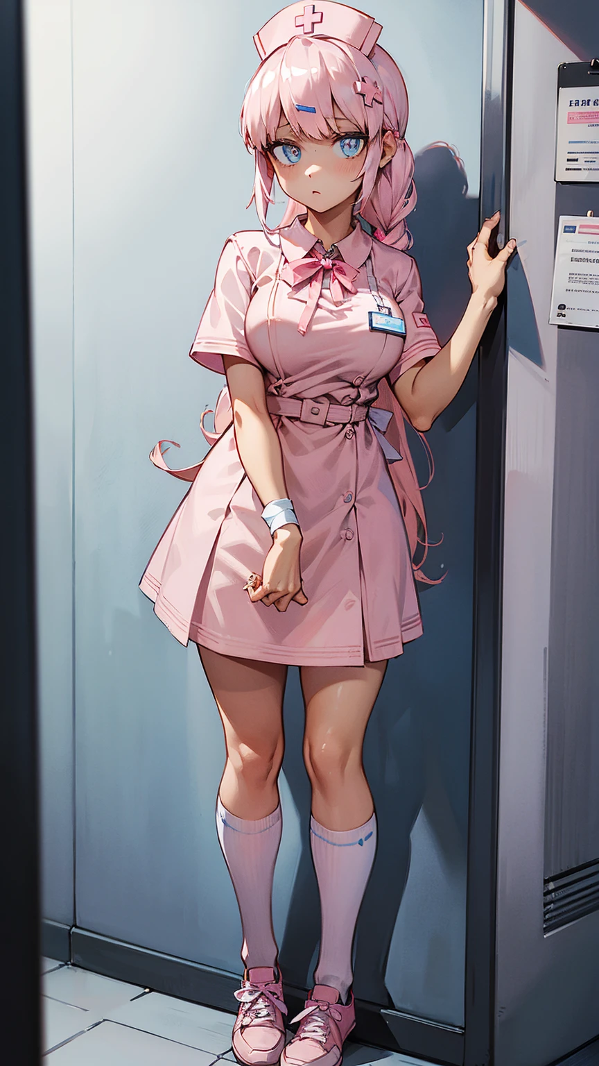 ((masterpiece)), ((Best quality)), (A high resolution:1.3), (Professional photography:1.2), 1 girl (Bianca Abercrombie), One, Bandage, cross Bandage, ((pink shoes)), розовый hair, Blue eyes, pink pupils, shy, bare thighs, Pink nurse clothes, nurse cap, (nurse uniform), Cross decoration, nurse, Tsundere face, Go towards the viewer, (Like a syringe), Clinic