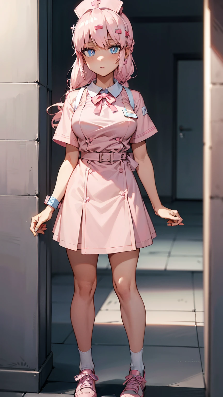 ((masterpiece)), ((Best quality)), (A high resolution:1.3), (Professional photography:1.2), 1 girl (Bianca Abercrombie), One, Bandage, cross Bandage, ((pink shoes)), розовый hair, Blue eyes, pink pupils, shy, bare thighs, Pink nurse clothes, nurse cap, (nurse uniform), Cross decoration, nurse, Tsundere face, Go towards the viewer, (Like a syringe), Clinic