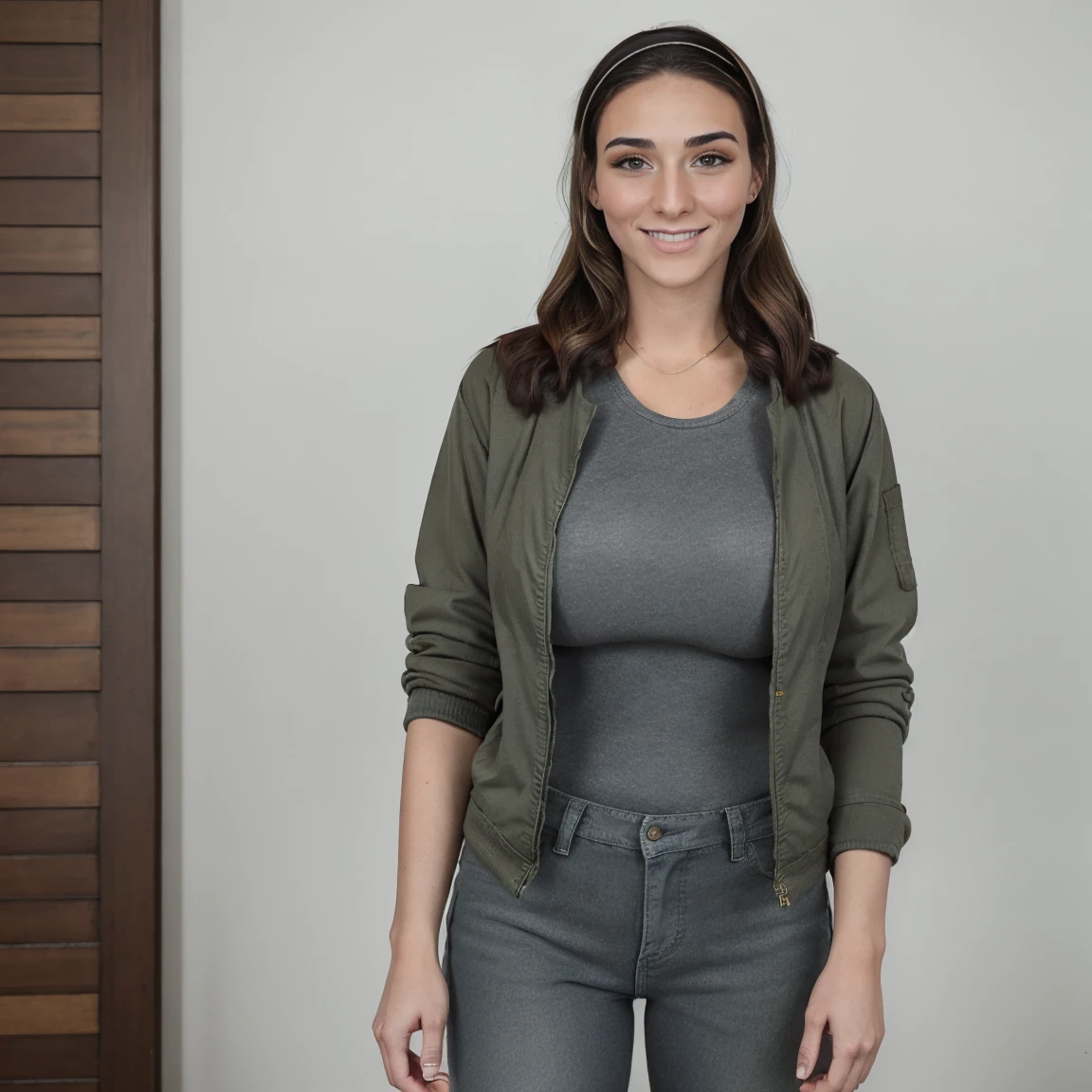 Extremely busty thin and toned brunette photographer, college girl, fair skin, loose ponytail, soft face, athletic, bandana babushka headwrap, tight olive green casual windbreaker, skinny jeans. standing in front of her apartment building, outdoors, city, camera bag, cleavage