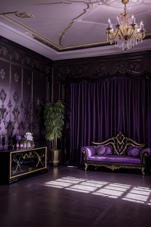 Illuminating the black jungle with white castles, lilac floral madness, violets and yellows, a gloomy room, glamorous and ostentatious in a gothic castle 