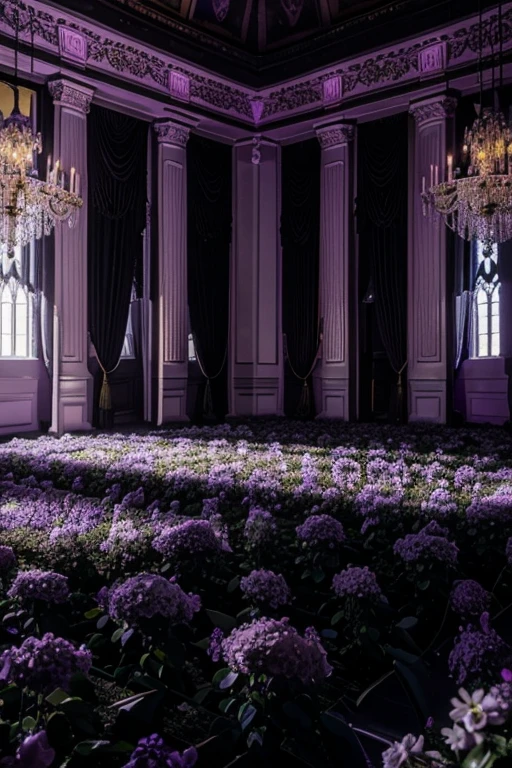 Illuminating the black jungle with white castles, lilac floral madness, violets and yellows, a gloomy room, glamorous and ostentatious in a gothic castle 