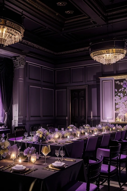 Illuminating the black jungle with white castles, lilac floral madness, violets and yellows, a gloomy room, glamorous and ostentatious in a gothic castle