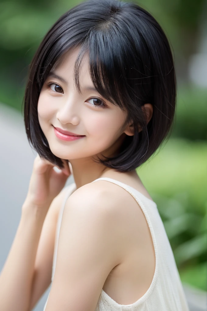 "Beautiful woman, Black Hair, short hair, Charming smile, Bright Eyes, Soft Skin, Stylish Fashion, Natural pose, high resolution"