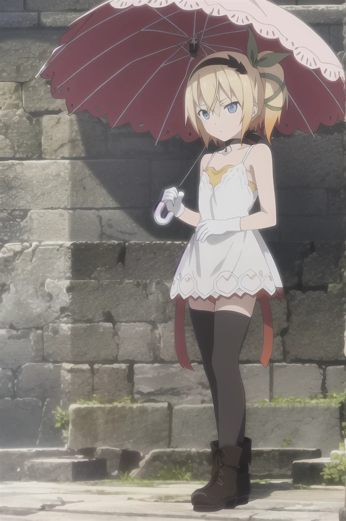 ((masterpiece)),((Highest quality)),Very detailed,Raising awareness,Explicit,beautiful body,beautiful Nose,beautiful character design,Perfect Eyes,Perfect Face,wallpaper,Ultra-high resolution,4K,photograph,(beautiful,Small breasts:1.2),(beautiful顔:1.2),beautiful足,Perfect Legs,Shiny skin,Official Style,Browsing Caution,Official Art,Create a screen capture,Anime Coloring,
One Girl,alone,umbrella,blonde,short hair,choker,Side Ponytail,ribbon,blue eyes,black choker,gloves,leg ribbon,片手gloves,hair band,whole body,hair ribbon,dress,View your audience,tress ribbon,boots,Are standing,white dress,skirt,clavicle,Beach,Outdoor,Day,