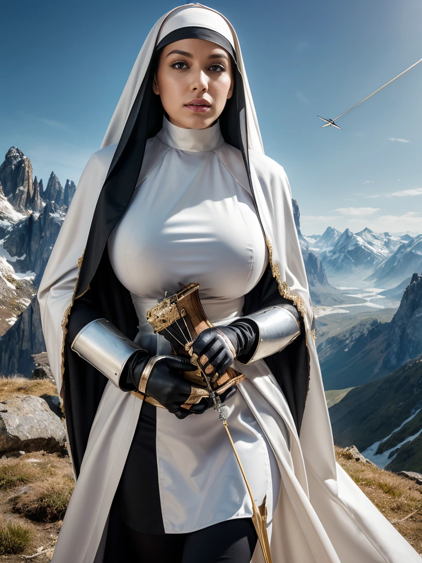 (masterpiece, top quality, best quality, official art, beautiful and aesthetic:1.2), (1girl:1.3), ((Sharp facial features, sharp features, hawkish features)), ((grey eyes)), busty paladin knight girl, extremely detailed, portrait, looking at viewer, solo, (full body:0.6), detailed background, full-body shot, (cold mountain nighttime glacier theme:1.1), holy knight, (nun), charlatan, smirk, mysterious, swaying in mountains, armor, polished metal, gold trim, long boots, white fabric, pelvic curtain, robe, pale leather, ((((nun, crossbow, heavy armor, armored, long legs, robes, prayer scrolls, toned, muscular)))), slim waist, slim hips, long legs, medieval (mountain exterior:1.1) background, dark mysterious lighting, shadows, magical atmosphere, dutch angle