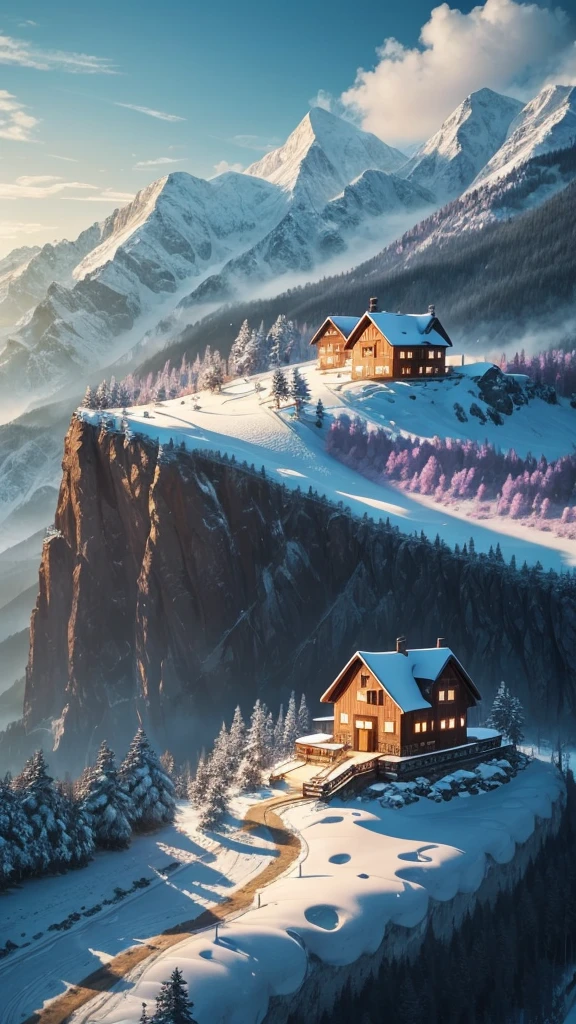 spring time, 8k, house, mountains, forest, snow on cliff, early morning, dew