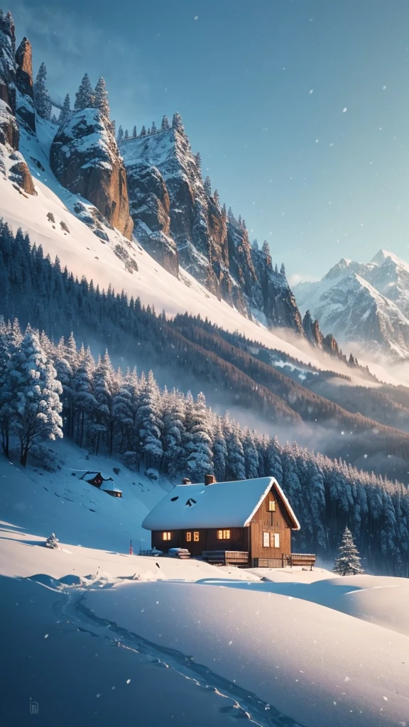 spring time, 8k, house, mountains, forest, snow on cliff, early morning, dew