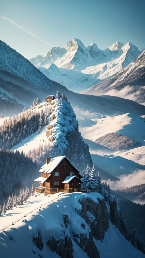 spring time, 8k, house, mountains, forest, snow on cliff, early morning, dew