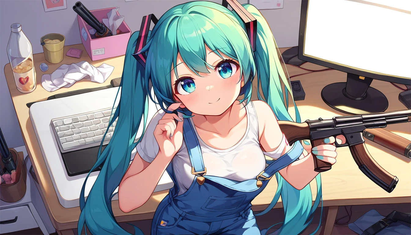 ((1girls:1.3)), ((moe style:1.3)), ((overalls:1.3)), ((computer shop:1.3)), ((gun:1.3)), ((shooting gun:1.3)), ((shotgun:1.3)), hatsune miku, thinking, ((perfect face)), ((extremely cute:1.3)), ((masterpiece:1.3)), ((8k)), ((best quality:1.3)), ((beautiful)), ((extremely detailed:1.3)) , ((absurdres)), AddXL, ((score_9:1.3)), ((score_8_up:1.3)), ((score_7_up:1.3)), Expressiveh