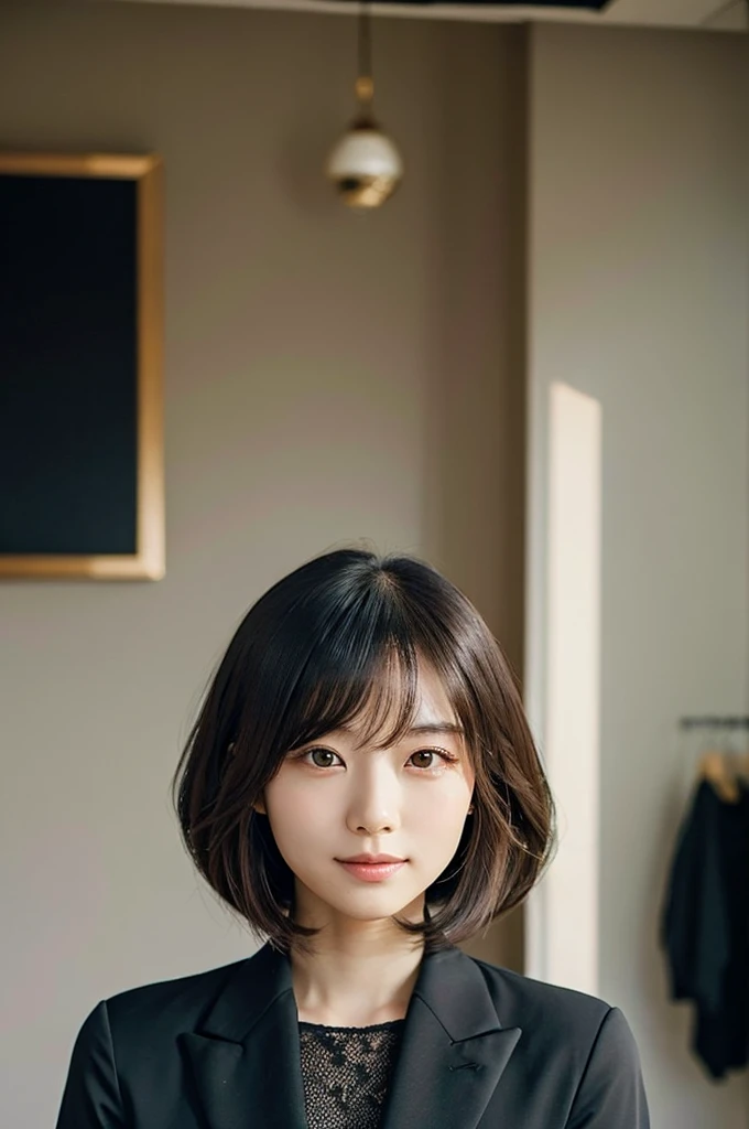 Generate a portrait of a Japanese woman in a suit。She has a refined look、The background is a simple and elegant room.。The hairstyle is chic、The lighter hair color creates a beautiful contrast.。