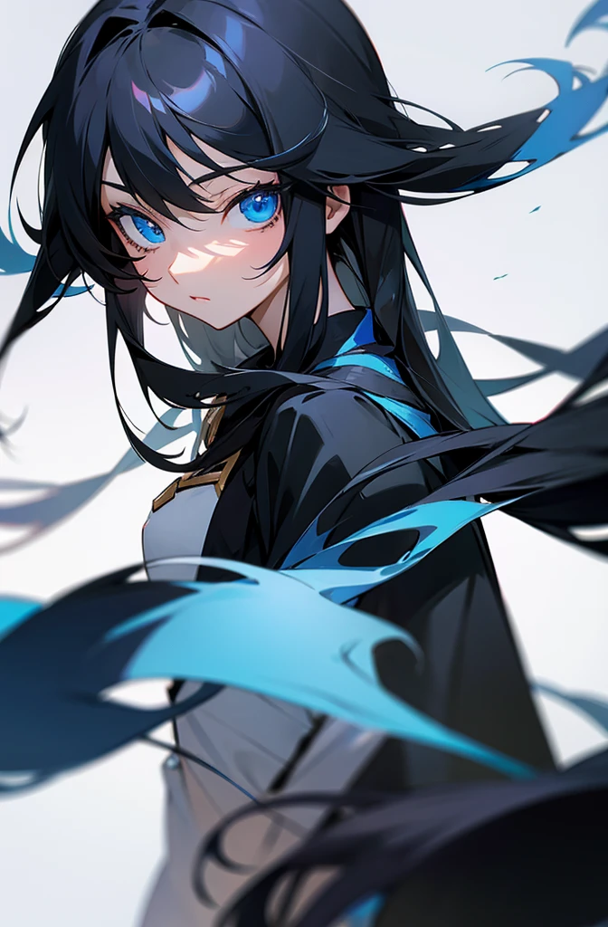 Long Black hair and blue eyes anime character 