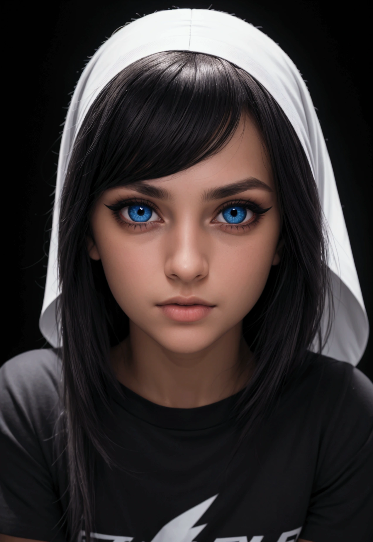 (Sharp flash, flash ruim, top quality photo, Digital), Film grain, black backdrop, realisitic, beautiful european girl in a dark room, (realisitic face, perfects eyes, face perfect:1.2), high socks, eyeliner, t - shirt, micro_shorts