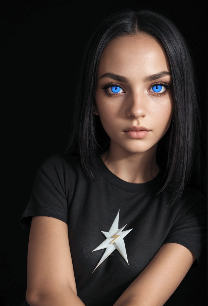 (Sharp flash, flash ruim, top quality photo, Digital), Film grain, black backdrop, realisitic, beautiful european girl in a dark room, (realisitic face, perfects eyes, face perfect:1.2), high socks, eyeliner, t - shirt, micro_shorts