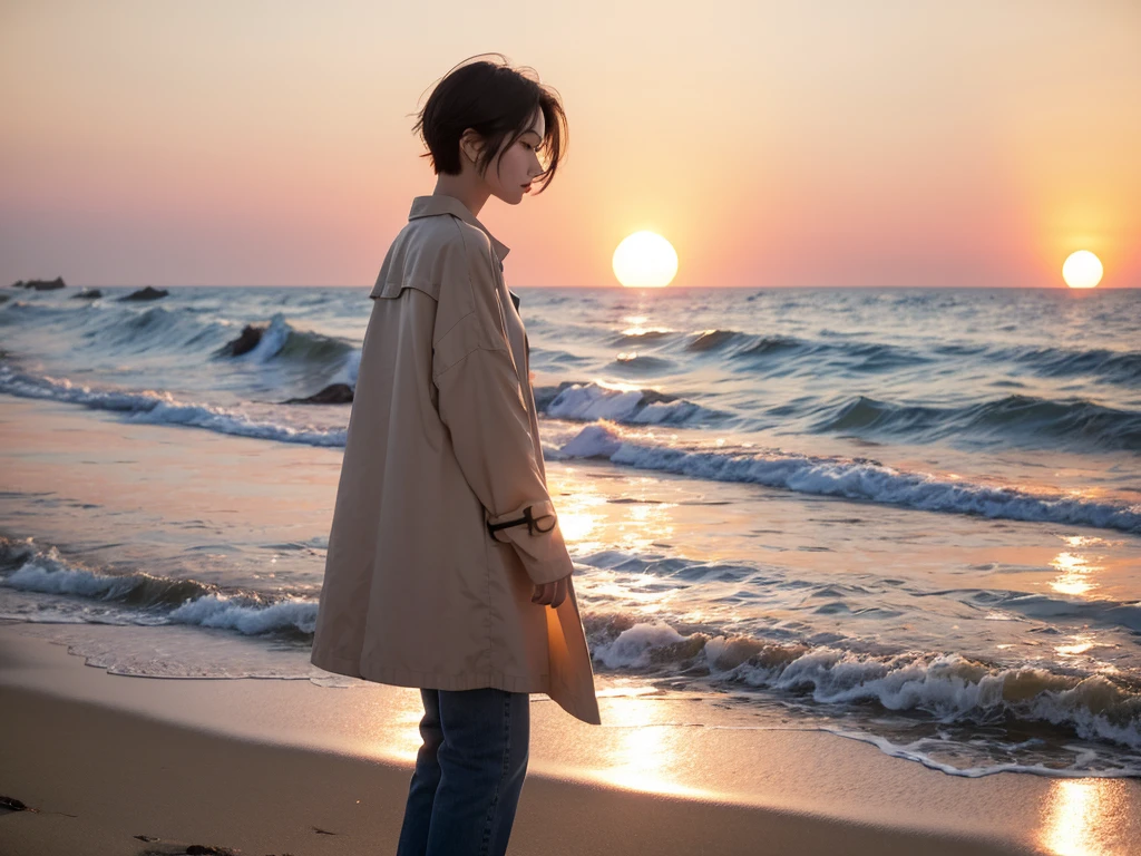 8K, Vivid picture quality, The picture quality is vivid., Realistic and perfect picture quality, long deserted beach, sunset viewer, short hair that touches the shoulders and covers the neck, red light of sunset, sunset, alone, afternoon, depressed, waves are coming, ocean, birds, wind, short korean girl, long sleeve shirt, jeans, light trench coat, 잔잔한 birds