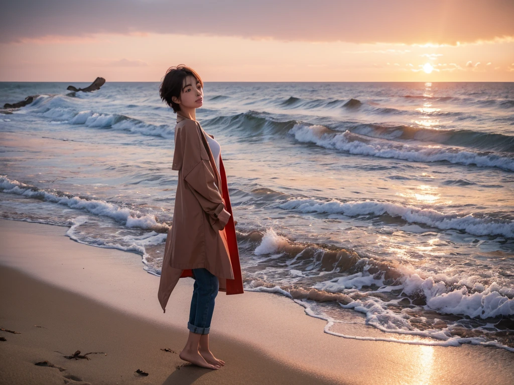 8K, Vivid picture quality, The picture quality is vivid., Realistic and perfect picture quality, long deserted beach, sunset viewer, short hair that touches the shoulders and covers the neck, red light of sunset, sunset, alone, afternoon, depressed, waves are coming, ocean, birds, wind, short korean girl, long sleeve shirt, jeans, light trench coat, 잔잔한 birds