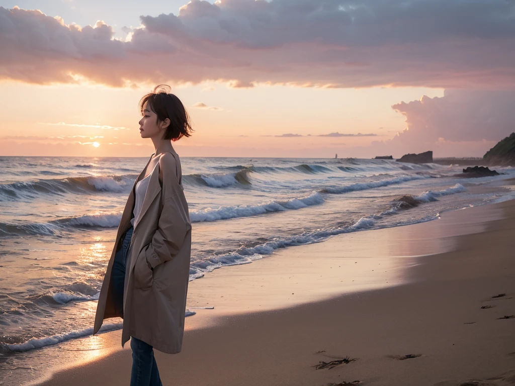 8K, Vivid picture quality, The picture quality is vivid., Realistic and perfect picture quality, long deserted beach, sunset viewer, short hair that touches the shoulders and covers the neck, red light of sunset, sunset, alone, afternoon, depressed, waves are coming, ocean, birds, wind, short korean girl, long sleeve shirt, jeans, light trench coat, 잔잔한 birds