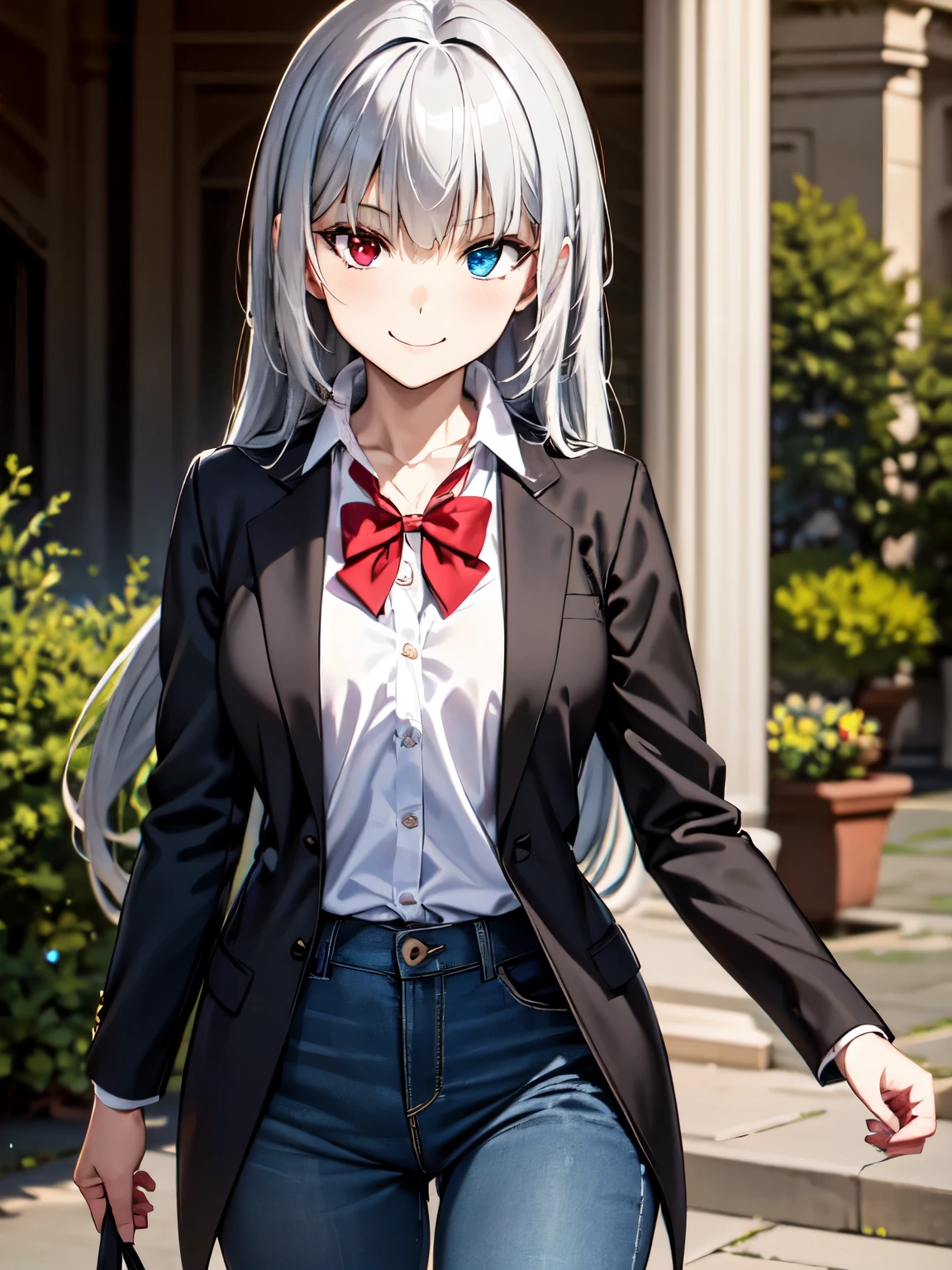 One Girl, bright_Valentine、single, alone, Beautiful Anime Girls, smile、Beautiful art style, ((Long Hair, bangs, Silver Hair,)), ((Heterochromia iridis、Red Eye:1.4、blue eyes:1.3, Round eyes, Realisticな美しい瞳)), (Genuine、Realistic、Realistic)、High resolution、超High resolution、Ultra-fine painting、Sharp focus、Physically Based Rendering, Medium Chest, ((Red bow tie, Black jacket, Open jacket, Brown cardigan, White shirt, Black Skirt, Check skirt, long skirt in black、jeans))、smile, garden、Cowboy Shot