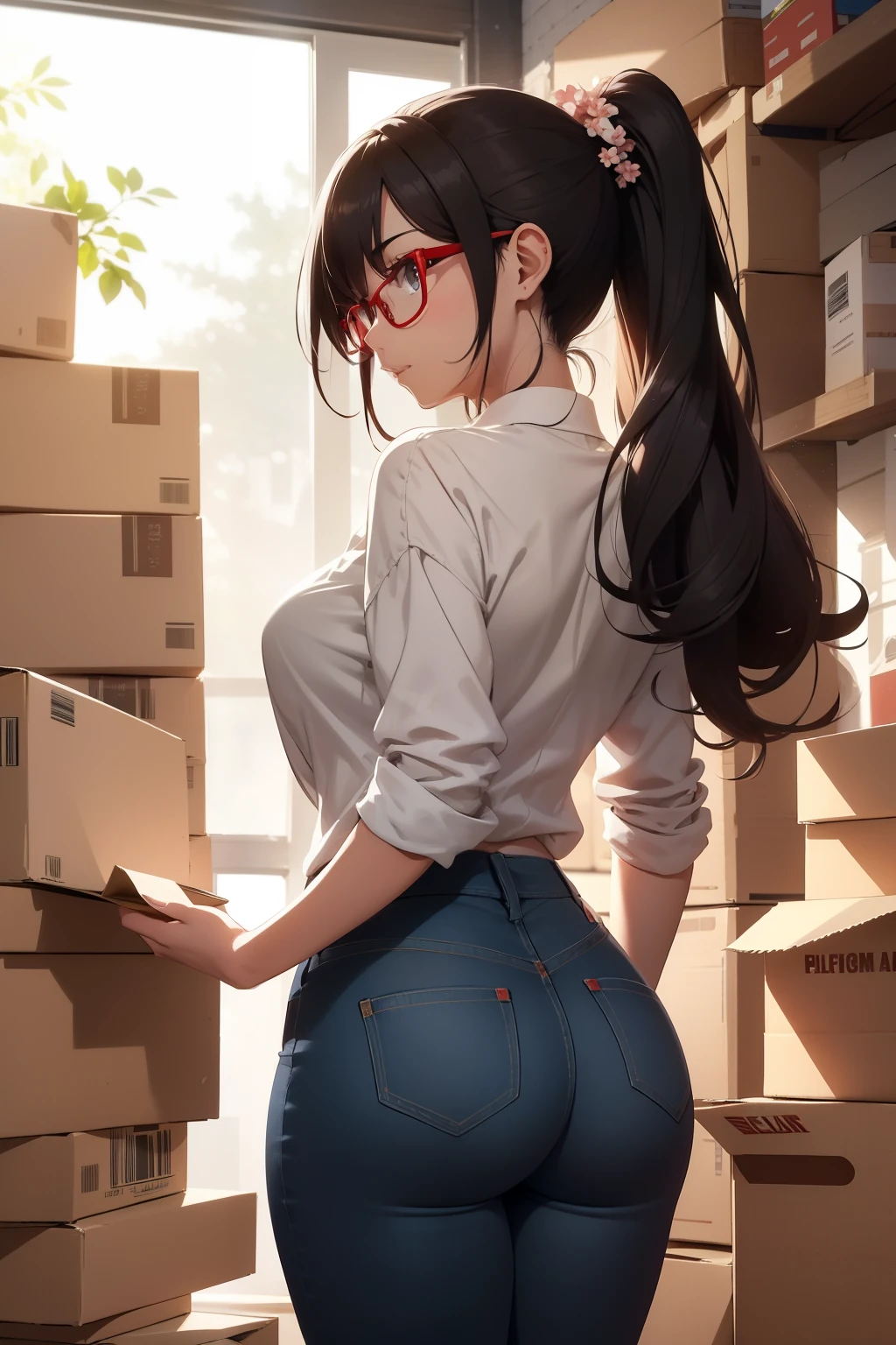 Back view of a woman with long, cascading waves flowing down her back and tied neatly into a high ponytail, stands confidently in front of a towering pile of cardboard boxes. The sun's rays gently caress her shoulders, illuminating the intricate details of her short-sleeved shirt, revealing a subtle pattern of dainty flowers. Her jeans, faded yet stylish, hug her figure perfectly, and she wears a pair of red, thick-framed intellectual glasses perched on the bridge of her nose, reflecting a hint of her playful, intelligent personality. The pile of cardboard boxes, with their varying shapes and sizes, adds an element of interest to