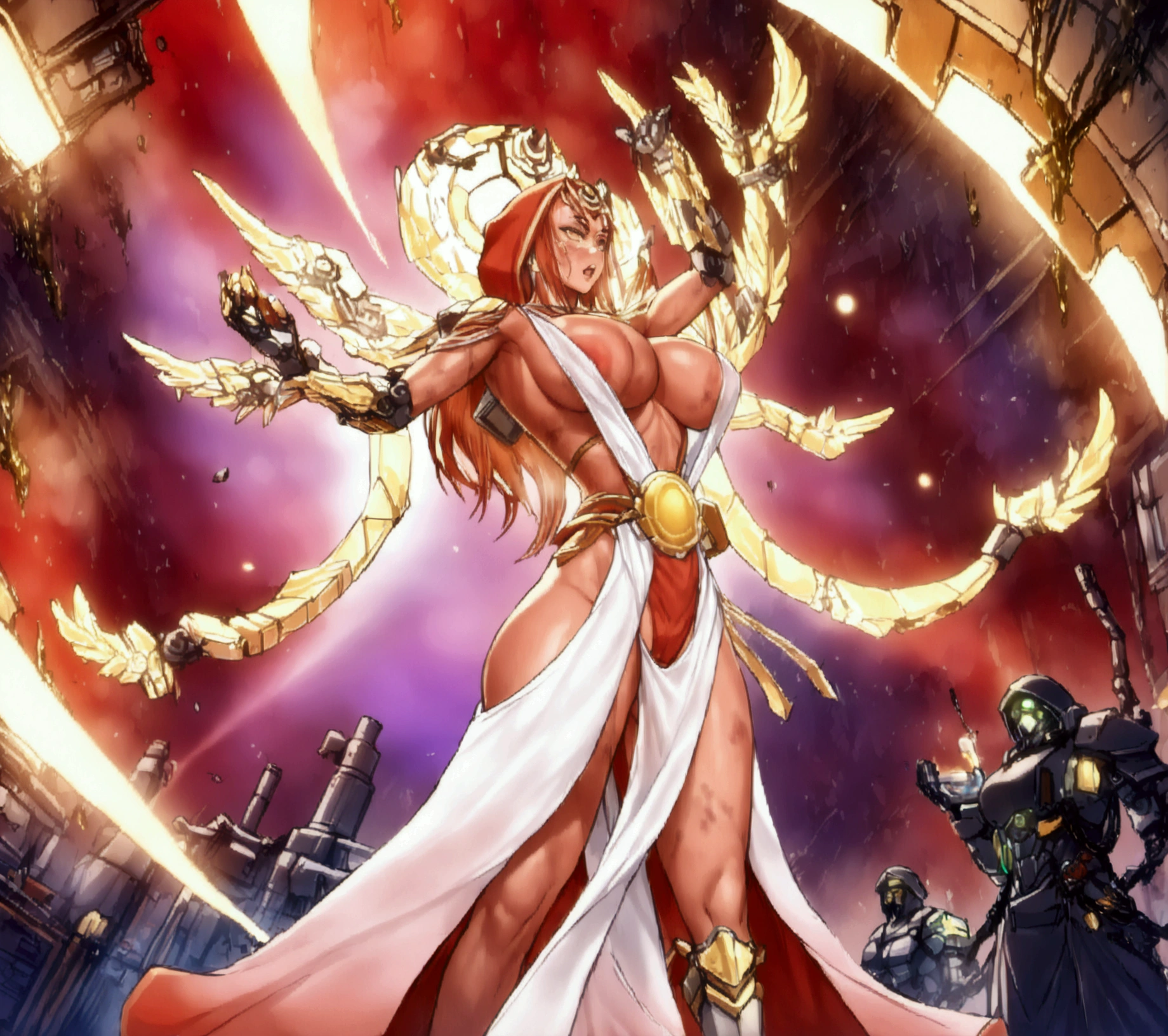 very big tits ((Masterpiece, The best quality)), illustration, 8K ultra detailed, realist, clear focus, Very detailed, Professional lighting, colorful details, Rainbow color break, high rise factory, large mechanical robot structure, tablet, computer, ((glow)), intricate details, shitu-mecha, 1 girl, mecha, belly button, color image, (cyberpunk), (redder hair: 1.2) big tits very sexy very big tits extremely big tits big cameltoe cameltoe cameltoe big cameltoe big,yellow red hair,Yellow hair, ((techpriest)), mechanical arms, obtained mechanic, Big fully naked. ((washed up red flowing modest ornate hooded technopriest dress, Dirty (red robes with oil stain)))