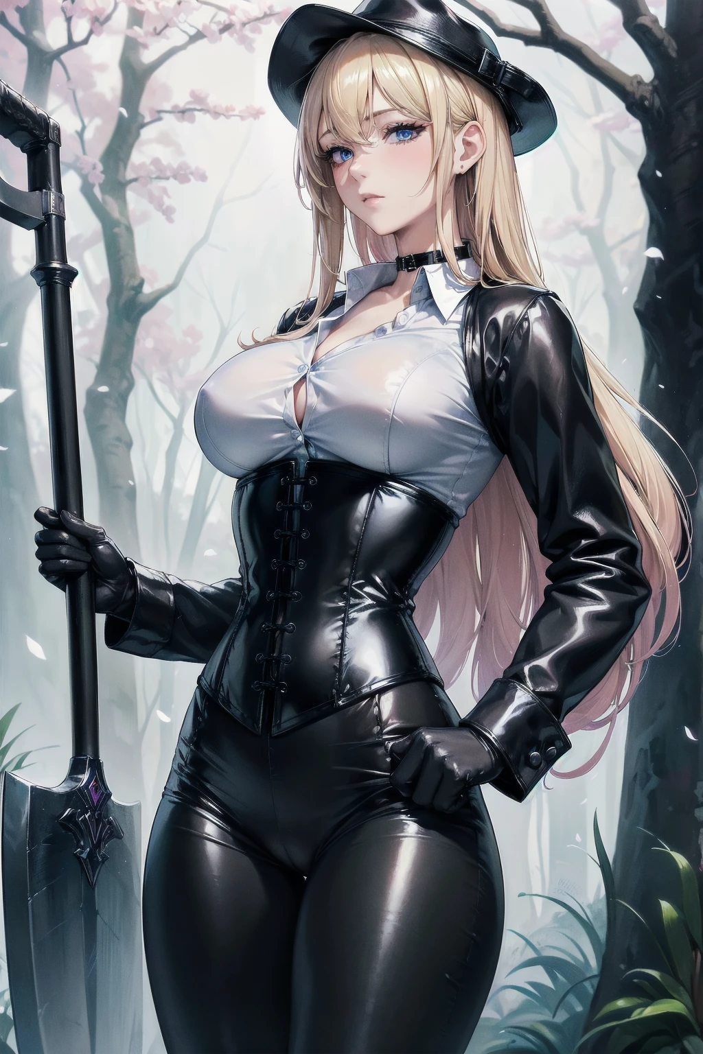 Masterpiece, Superior image quality, high resolution, 4k image,photo and gross, photorealistic, whole body, distant view, ung man of 15 years, {{{vagina}}}, big breasts, beautiful face, Long blonde hair, blue eyes, very detailed eyes, pink cheeks, shy expression, choker:1.6, (white collar button down long sleeve shirt), black gloves, gloves that cover hands, (holding an ax in the right hand), (black leather corset), (shiny black leggings), Sensual Lips, show details in the eyes, View from the front, looking at the viewer, dark forest path, evening, Atmosphere, fog