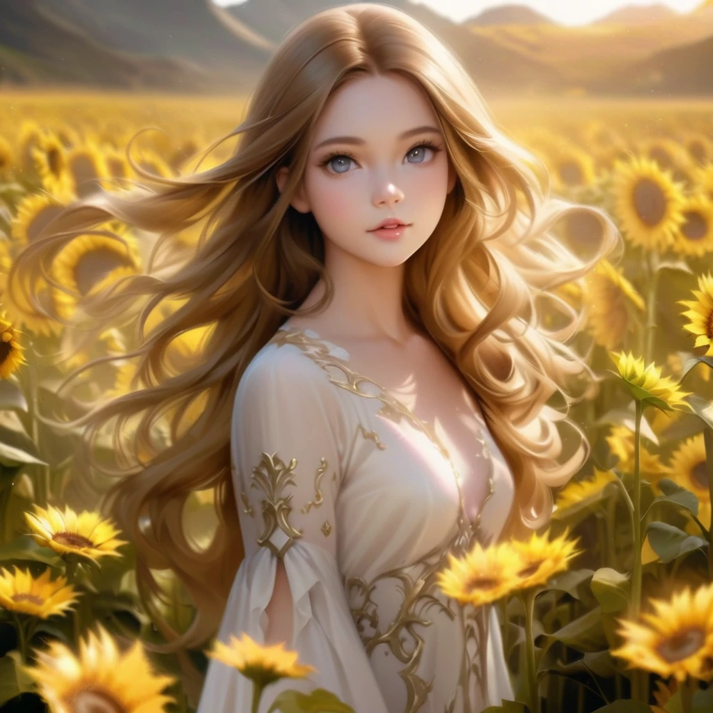 Long-haired woman standing in a field of yellow sunflowers, Fairy beautiful sunflower anime girl, Beautiful digital artwork, Beautiful digital art, Cute and intricate digital art, Cute digital art, Beautiful and amazing digital art, Realistic cute girl drawing, Gorgeous digital painting, Beautiful and realistic photos, Beautiful fantasy art portraits, 