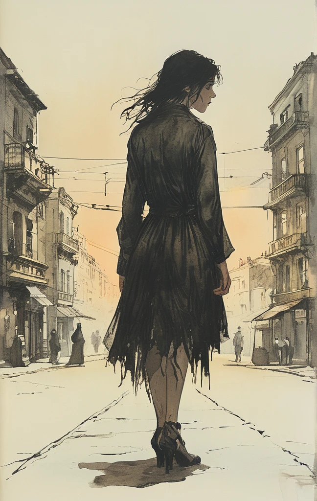 A woman walks in the pitch-dark streets, drooping her head as if in the depths of despair, The woman in despair is suddenly illuminated by the headlights of an intensely bright car and the world is instantly illuminated in a bright white light