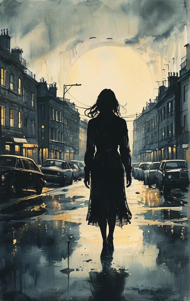 A woman walks in the pitch-dark streets, drooping her head as if in the depths of despair, The woman in despair is suddenly illuminated by the headlights of an intensely bright car and the world is instantly illuminated in a bright white light